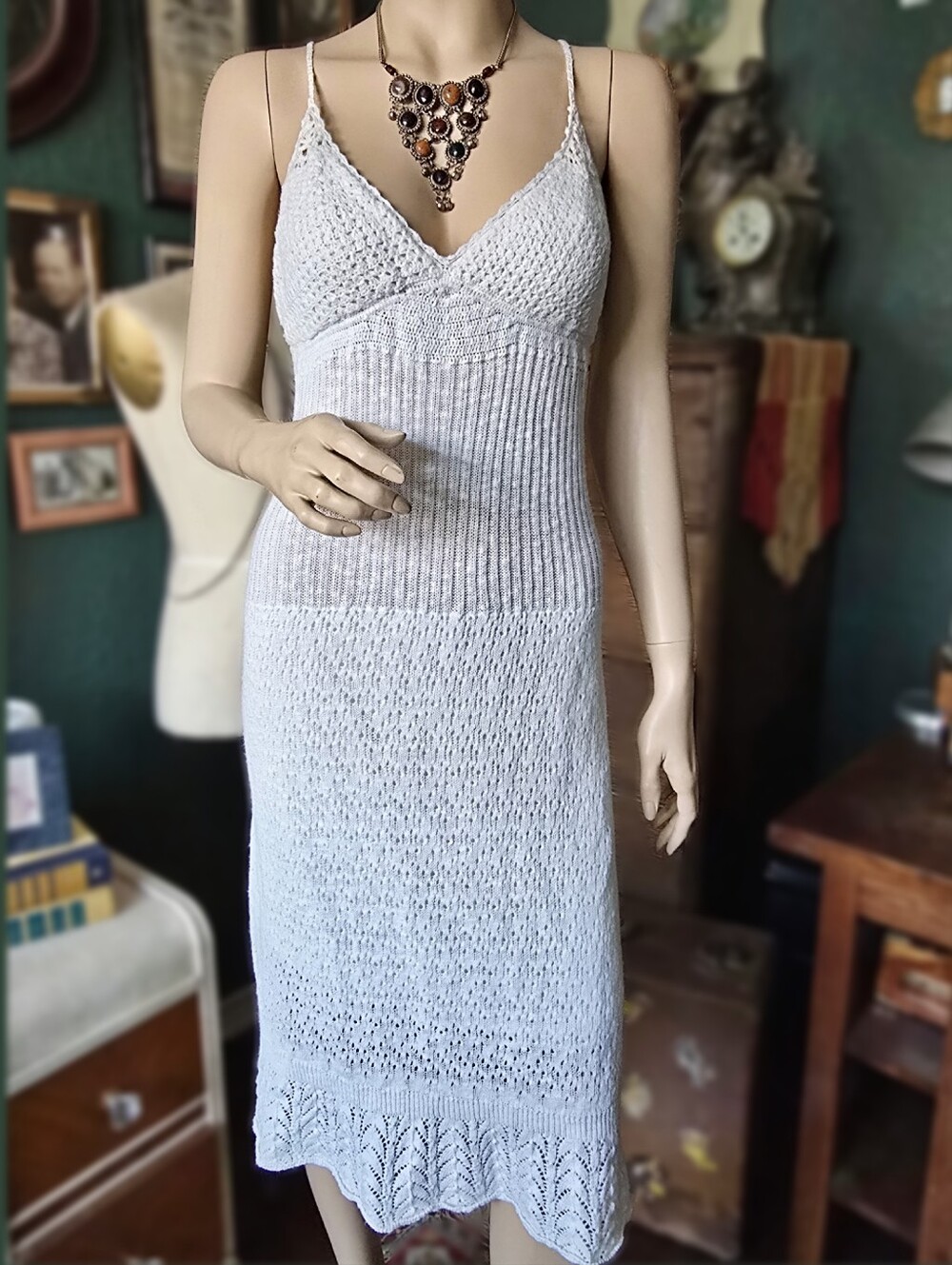 Banana Republic Linen Cotton Crochet knit Midi Dress Size Large Y2K 2006